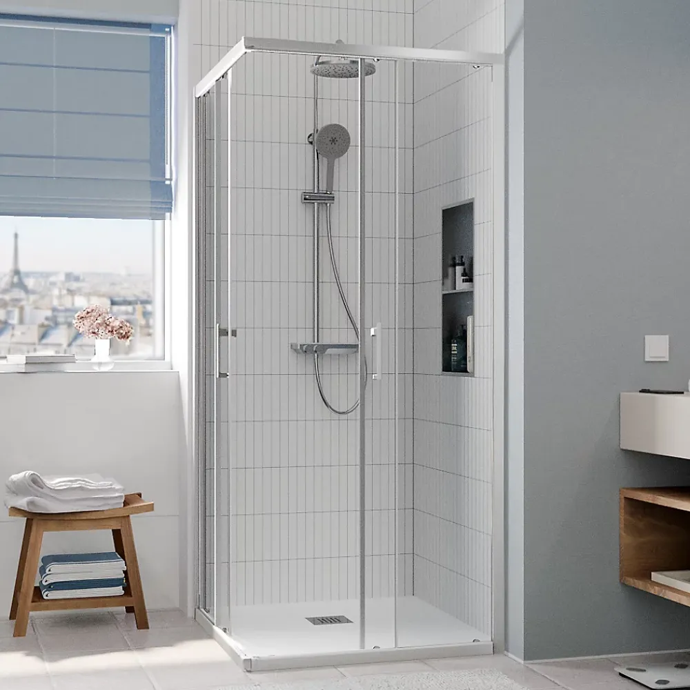 Porte De Douche|Ceramia CASCADA Porte de douche 90x90x195cm coulissante anticalcaire avec profilés chrome brillant (CERAHC9090C)