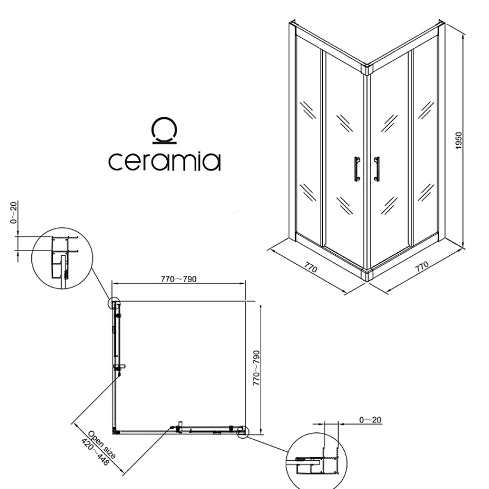 Porte De Douche|Ceramia CASCADA Porte de douche 80x80x195cm coulissante anticalcaire avec profilés chrome brillant (CERAHC8080C)