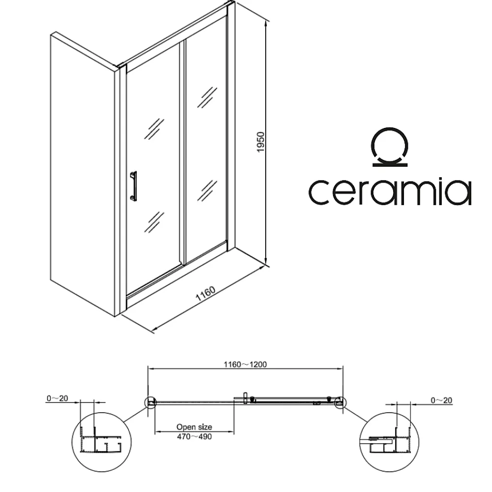 Ceramia PURA Porte de douche 120x195cm coulissante anticalcaire avec profilés Noir mat (CERAHP120B)