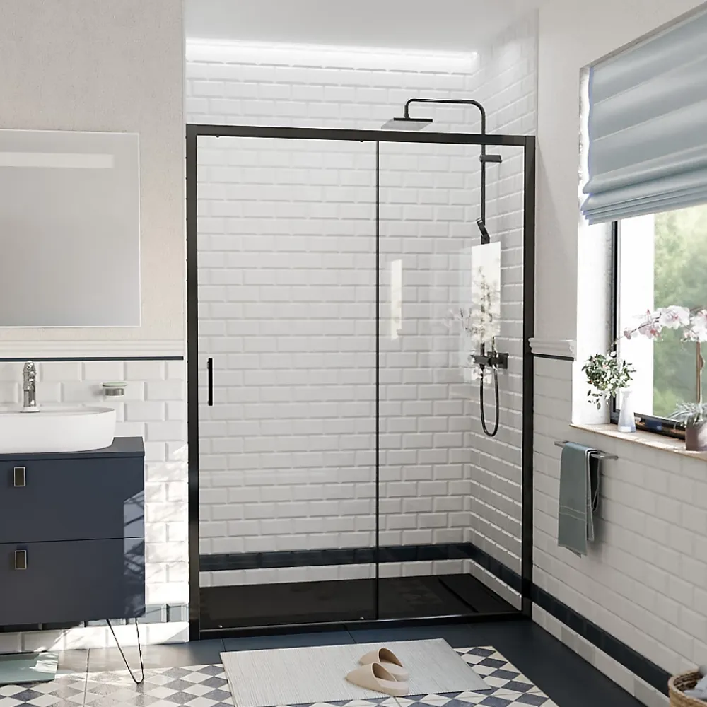 Ceramia PURA Porte de douche 140x195cm coulissante anticalcaire avec profilés Noir mat (CERAHP140B)