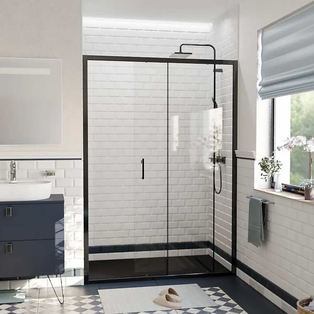 Ceramia PURA Porte de douche 140x195cm coulissante anticalcaire avec profilés Noir mat (CERAHP140B)