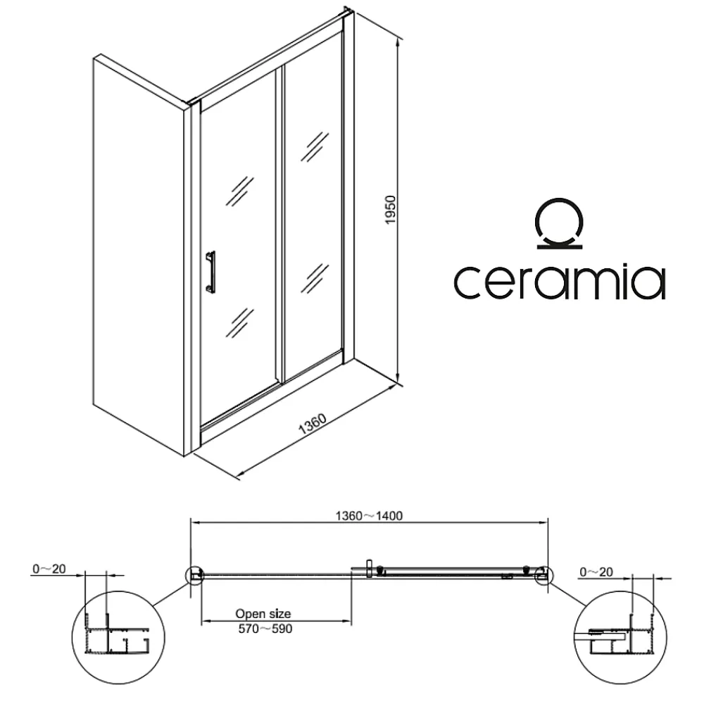 Ceramia PURA Porte de douche 140x195cm coulissante anticalcaire avec profilés Noir mat (CERAHP140B)