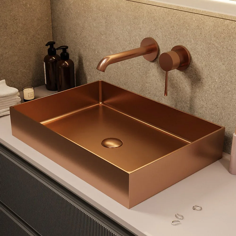 Ceramia Timeless Vasque à poser en Acier inoxydable 304, 55x38x11cm sans trop-plein + Bonde, Cuivre brossé PVD
