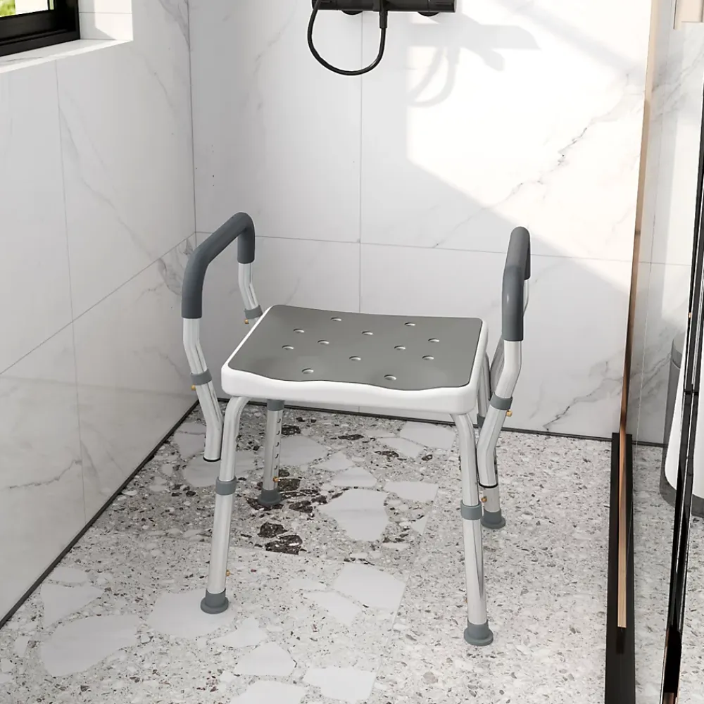 Siège De Douche|Homcom Chaise de douche tabouret de douche antidérapant - hauteur réglable, accoudoirs - alu HDPE gris