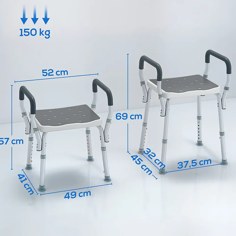 Siège De Douche|Homcom Chaise de douche tabouret de douche antidérapant - hauteur réglable, accoudoirs - alu HDPE gris