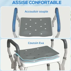 Siège De Douche|Homcom Chaise de douche tabouret de douche antidérapant - hauteur réglable, accoudoirs - alu HDPE gris