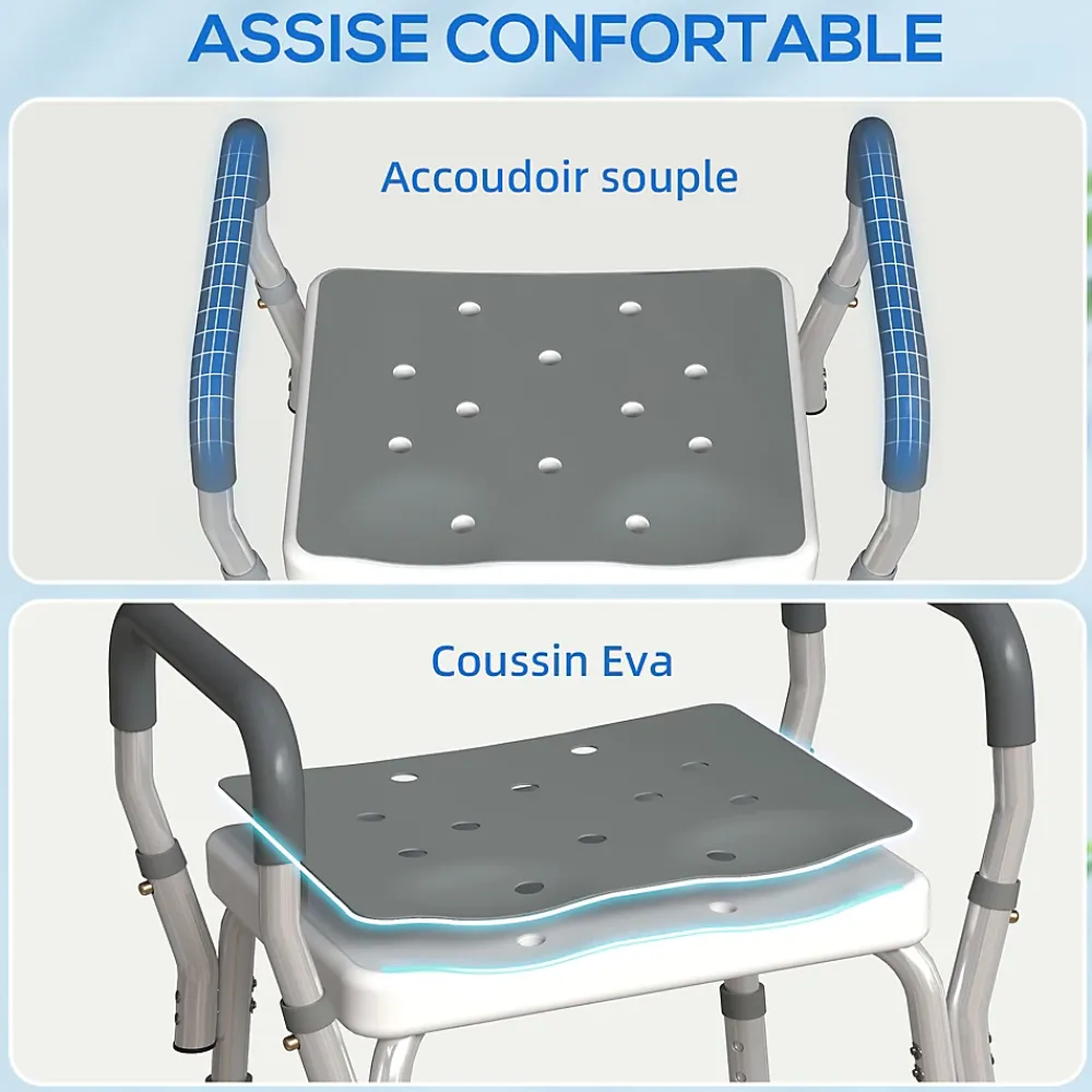 Siège De Douche|Homcom Chaise de douche tabouret de douche antidérapant - hauteur réglable, accoudoirs - alu HDPE gris