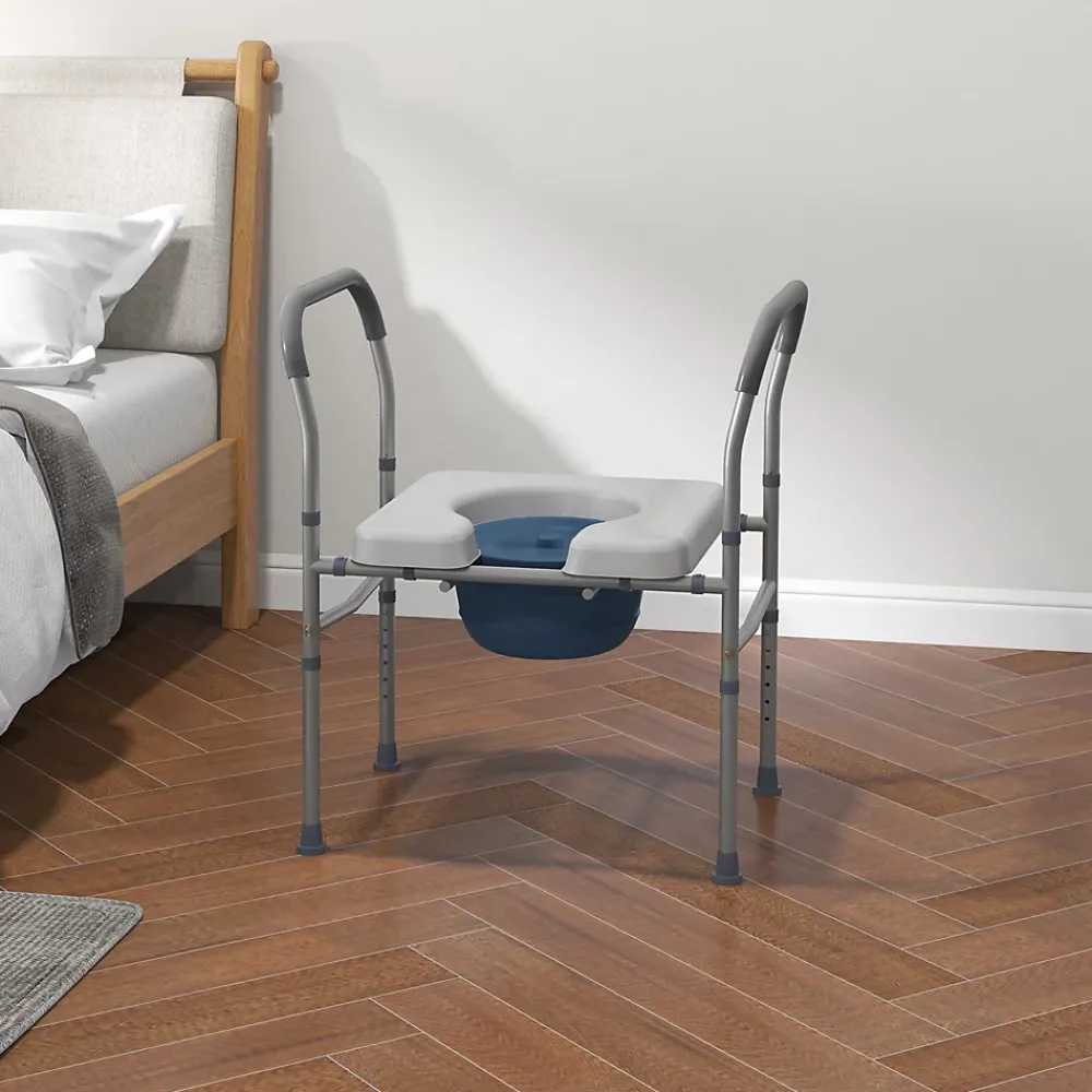 Homcom Chaise percée - Chaise de douche percée - hauteur réglable, seau amovible pliable - antidérapante - alu PVC gris