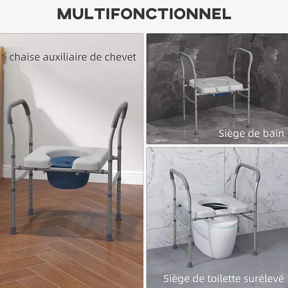 Homcom Chaise percée - Chaise de douche percée - hauteur réglable, seau amovible pliable - antidérapante - alu PVC gris
