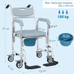 Homcom Chaise percée médicale à roulettes - repose-pieds, dossier, accoudoirs, pot amovible, support papier - alu blanc HDPE gris