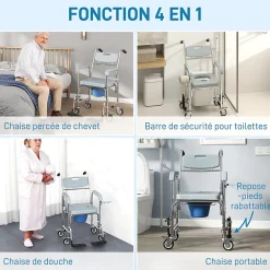 Homcom Chaise percée médicale à roulettes - repose-pieds, dossier, accoudoirs, pot amovible, support papier - alu blanc HDPE gris