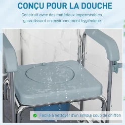 Homcom Chaise percée médicale à roulettes - repose-pieds, dossier, accoudoirs, pot amovible, support papier - alu blanc HDPE gris