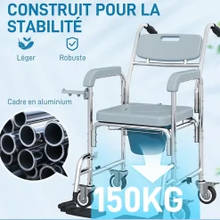 Homcom Chaise percée médicale à roulettes - repose-pieds, dossier, accoudoirs, pot amovible, support papier - alu blanc HDPE gris
