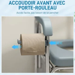 Homcom Chaise percée médicale à roulettes - repose-pieds, dossier, accoudoirs, pot amovible, support papier - alu blanc HDPE gris