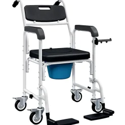 Siège De Douche|Homcom Chaise percée médicale à roulettes - repose-pieds, dossier, accoudoirs, pot amovible, support papier - alu blanc HDPE noir