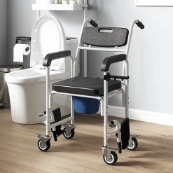 Siège De Douche|Homcom Chaise percée médicale à roulettes - repose-pieds, dossier, accoudoirs, pot amovible, support papier - alu blanc HDPE noir