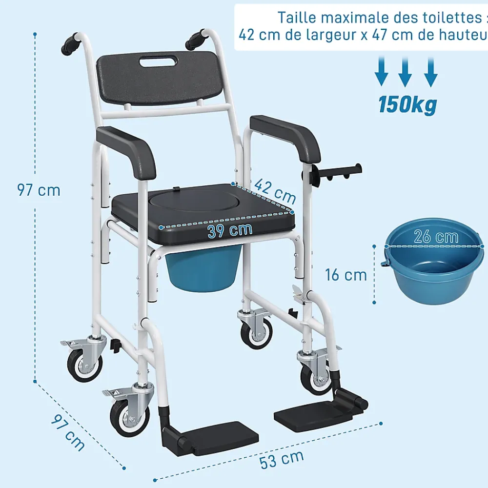 Siège De Douche|Homcom Chaise percée médicale à roulettes - repose-pieds, dossier, accoudoirs, pot amovible, support papier - alu blanc HDPE noir