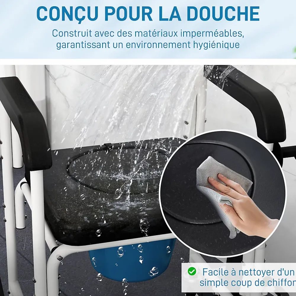 Siège De Douche|Homcom Chaise percée médicale à roulettes - repose-pieds, dossier, accoudoirs, pot amovible, support papier - alu blanc HDPE noir