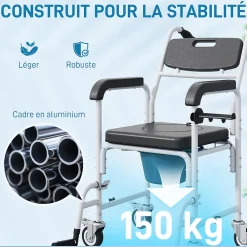 Siège De Douche|Homcom Chaise percée médicale à roulettes - repose-pieds, dossier, accoudoirs, pot amovible, support papier - alu blanc HDPE noir