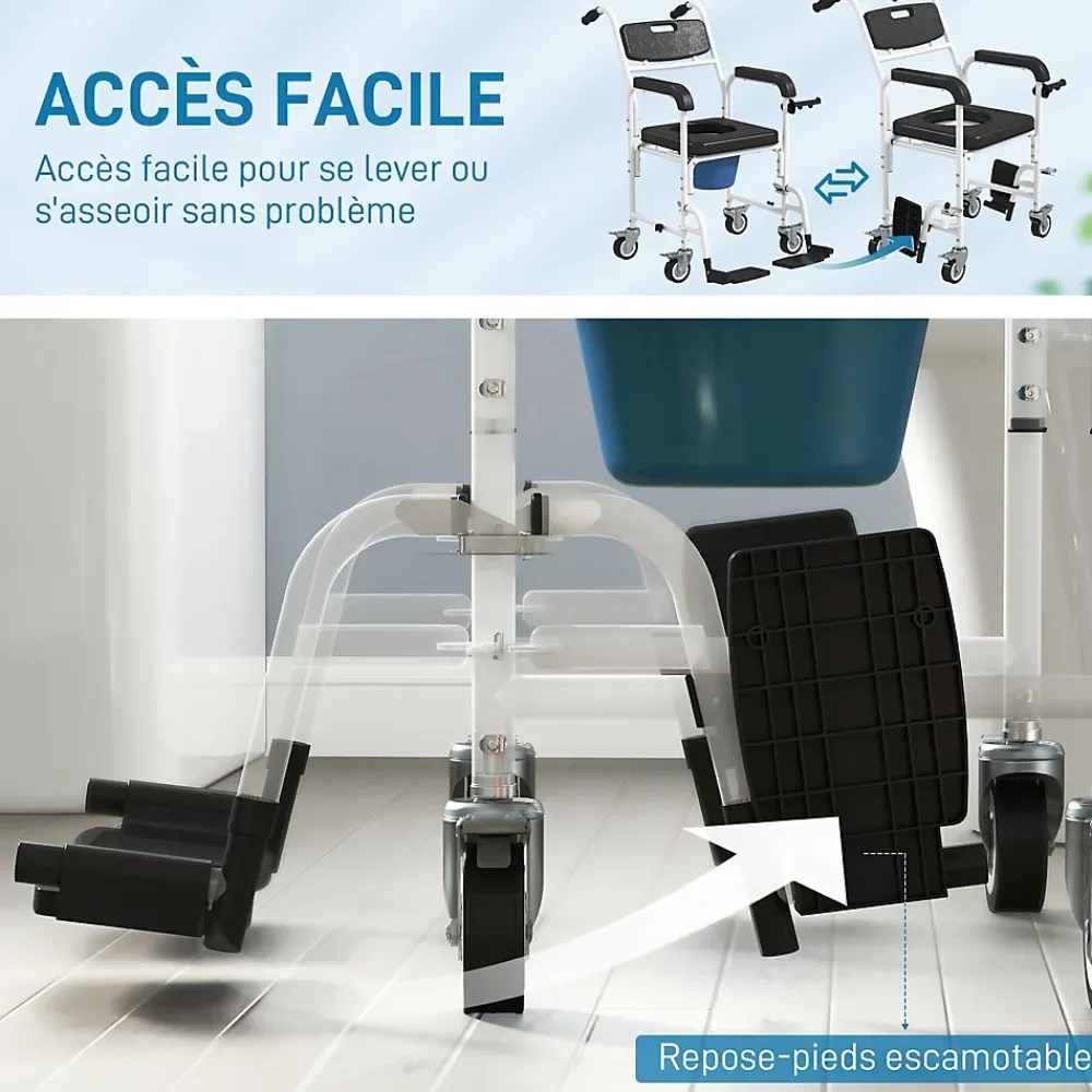 Siège De Douche|Homcom Chaise percée médicale à roulettes - repose-pieds, dossier, accoudoirs, pot amovible, support papier - alu blanc HDPE noir