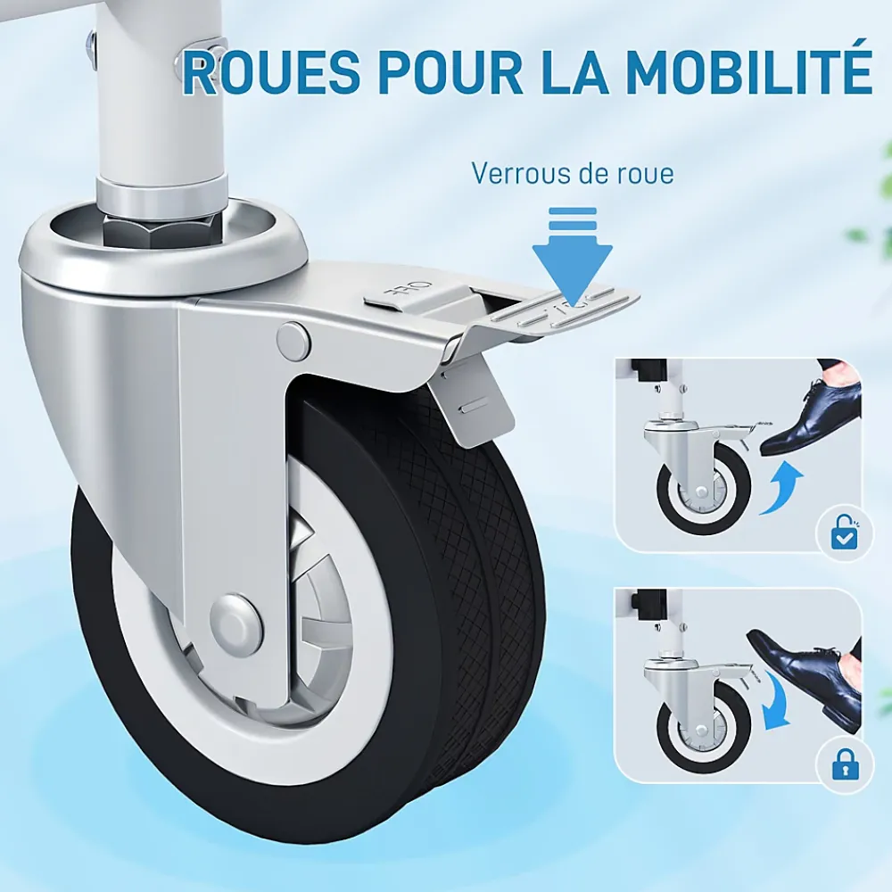 Siège De Douche|Homcom Chaise percée médicale à roulettes - repose-pieds, dossier, accoudoirs, pot amovible, support papier - alu blanc HDPE noir