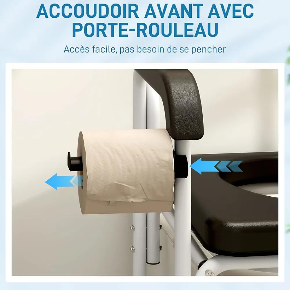 Siège De Douche|Homcom Chaise percée médicale à roulettes - repose-pieds, dossier, accoudoirs, pot amovible, support papier - alu blanc HDPE noir