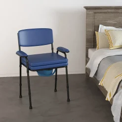 Siège De Douche|Homcom Chaise percée réglable - chaise de toilette - seau amovible, coussin, accoudoirs - acier noir PVC bleu