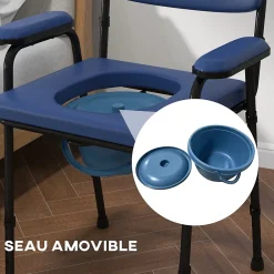 Siège De Douche|Homcom Chaise percée réglable - chaise de toilette - seau amovible, coussin, accoudoirs - acier noir PVC bleu