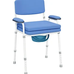 Homcom Chaise percée réglable - chaise de toilette - seau amovible, coussin, accoudoirs - acier blanc PVC bleu