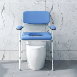 Homcom Chaise percée réglable - chaise de toilette - seau amovible, coussin, accoudoirs - acier blanc PVC bleu