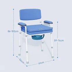 Homcom Chaise percée réglable - chaise de toilette - seau amovible, coussin, accoudoirs - acier blanc PVC bleu