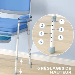 Homcom Chaise percée réglable - chaise de toilette - seau amovible, coussin, accoudoirs - acier blanc PVC bleu