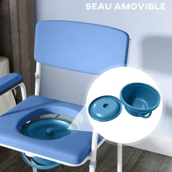Homcom Chaise percée réglable - chaise de toilette - seau amovible, coussin, accoudoirs - acier blanc PVC bleu