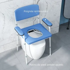 Homcom Chaise percée réglable - chaise de toilette - seau amovible, coussin, accoudoirs - acier blanc PVC bleu