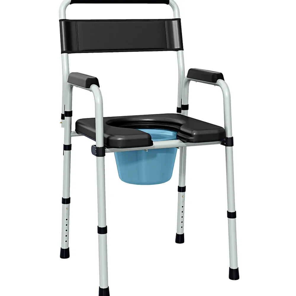 Homcom Chaise percée toilette pliable hauteur réglable - seau amovible - siège, accoudoirs rembourrés - max. 150 Kg - acier gris noir