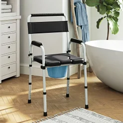 Homcom Chaise percée toilette pliable hauteur réglable - seau amovible - siège, accoudoirs rembourrés - max. 150 Kg - acier gris noir