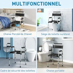 Homcom Chaise percée toilette pliable hauteur réglable - seau amovible - siège, accoudoirs rembourrés - max. 150 Kg - acier gris noir