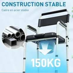 Homcom Chaise percée toilette pliable hauteur réglable - seau amovible - siège, accoudoirs rembourrés - max. 150 Kg - acier gris noir