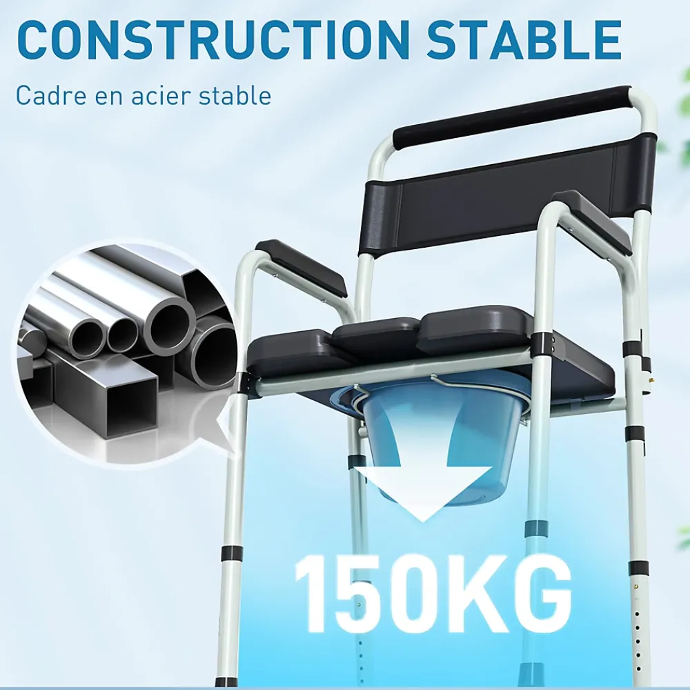 Homcom Chaise percée toilette pliable hauteur réglable - seau amovible - siège, accoudoirs rembourrés - max. 150 Kg - acier gris noir
