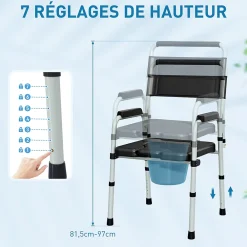 Homcom Chaise percée toilette pliable hauteur réglable - seau amovible - siège, accoudoirs rembourrés - max. 150 Kg - acier gris noir