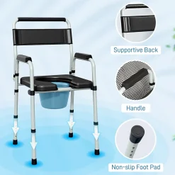 Homcom Chaise percée toilette pliable hauteur réglable - seau amovible - siège, accoudoirs rembourrés - max. 150 Kg - acier gris noir