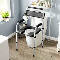 Homcom Chaise percée toilette pliable hauteur réglable - seau amovible - siège, accoudoirs rembourrés - max. 150 Kg - acier gris noir