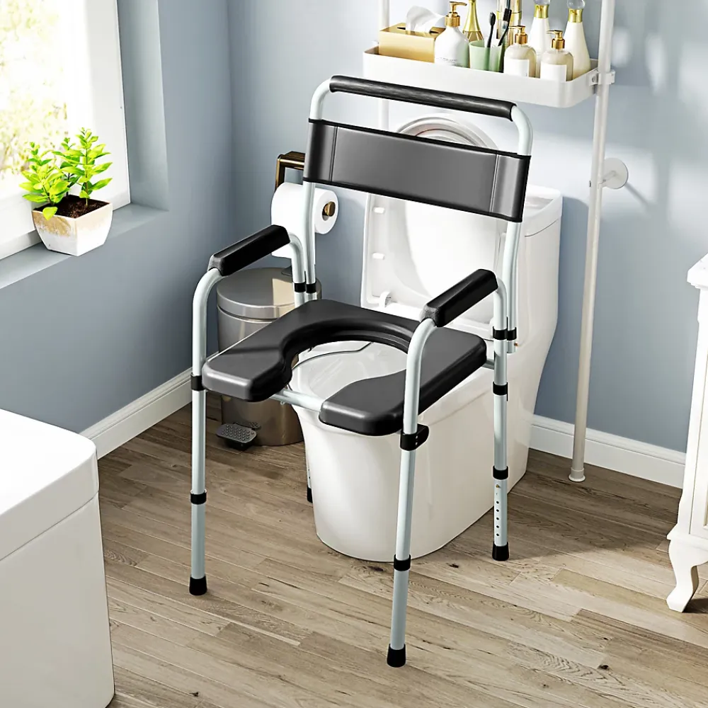 Homcom Chaise percée toilette pliable hauteur réglable - seau amovible - siège, accoudoirs rembourrés - max. 150 Kg - acier gris noir