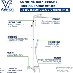 Valentin Colonne bain douche thermostatique avec pomme de tête, douchette et flexible, chrome, Touareg
