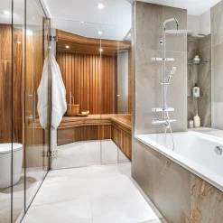 Valentin Colonne bain douche thermostatique avec tablette, pomme de tête ronde, douchette et flexible, chrome, Opium