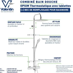 Valentin Colonne bain douche thermostatique avec tablette, pomme de tête ronde, douchette et flexible, chrome, Opium
