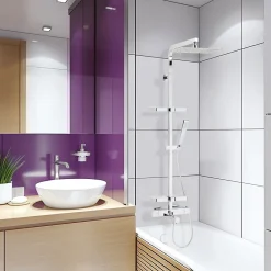 Valentin Colonne bain douche thermostatique avec tablettes, pomme de tête, douchette et flexible, chrome, Touareg