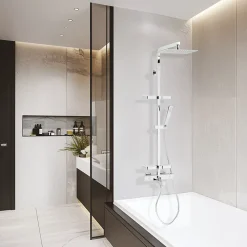 Valentin Colonne bain douche thermostatique avec tablettes, pomme de tête, douchette et flexible, chrome, Touareg