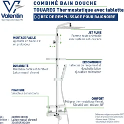 Valentin Colonne bain douche thermostatique avec tablettes, pomme de tête, douchette et flexible, chrome, Touareg