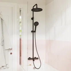 Colonne De Douche Thermostatique|GoodHome Colonne de bain/douche thermostatique avec pommeau, douchette 3 jets, flexible, barre réglable, noir, Anika